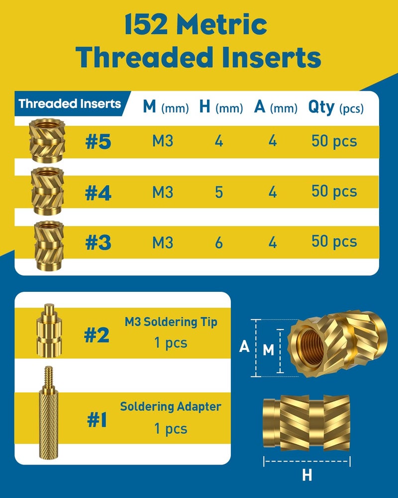 Vibit 152 Pcs Threaded Inserts for Plastic, 3 Sizes of M3 Heat Set Inserts with Soldering Tip & Adapter, Brass Heat Insert, Metric Knurled Nut Insert Kit for 3D Printing Components - Image 2